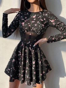 Casual Dresses Woman Long Sleeve Floral Print Mesh Patchwork Tunics Short Dress Y2K 2023 See-through High Waist A-line Corset Party