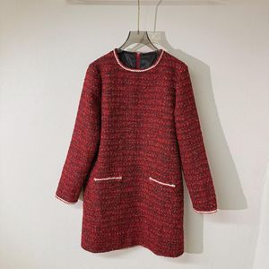 Women's Dresses Red crew neck long sleeved patchwork design tweed mini dress