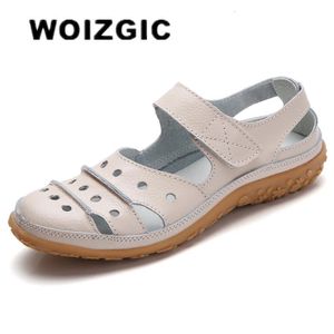 WOIZGIC Mutter Damen Damen Echtes Leder Weiße Schuhe Sandalen Hakenschlaufe Sommer Kühl Strand Hohl Weich LLX-9566 231227