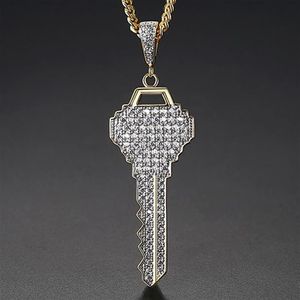 New Men's Key Pendants Necklace Ice Out Cubic Zircon Gold Color Fashion Rock Street Hip Hop Jewelry With Chain For Gift195r
