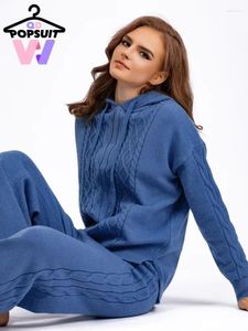 Dwuczęściowe spodnie dla kobiet jesienne zima Kobiet dzianin pullover garnitur z kapturem sweter szerokie nogi zestawy