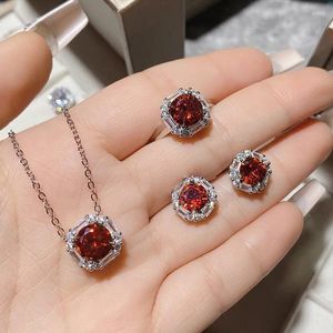 Necklace Earrings Set Versa Bright Pomegranate Ruby Geometric Female Gold-plated Micro Inlaid Color Treasure Square Zircon Choker Collarbone