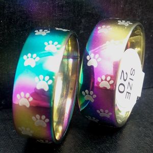 50pcs Rainbow Dog Cat Paw Print Rings 8mm 316L Pegada de aço inoxidável anéis para homens e mulheres Pet Animal Jewelry Gift Who269C
