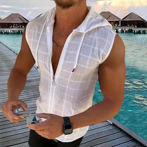 Men's Tank Tops Hoodie Vest Solid Color Top Men Bodybuilding Hooded