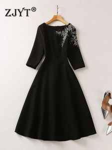 ZJYT Diamantes de luxo Vestido de festa preto Mulheres designer elegante de três quartos de manga Aline casual vestidos Spring Moda 231227