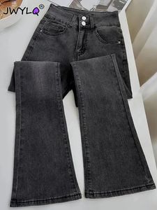 Cintura alta dupla fivela sino inferior jeans moda coreana magro streetwear denim calças primavera outono lavado feminino 231228