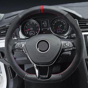 カバーボルクスワーゲンVWパサットB8ゴルフのための黒いスエード本革製のステアリングホイールカバー7 GTIゴルフR MK7 VWポロGTIサイロッコ