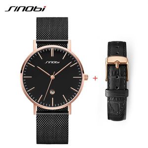 Sinobi Menss Watches Male Business Stainless Steel Mesh Band Calendar Quartz Wristwatch Simple Analog Men Watch Leather Strap Set257f