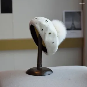 Berets feminino mão-costurado diamante lã boina outono inverno pele pompom chapéu versão coreana retro artista bud maré quente