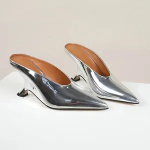 Slippers 2024 European Style Bright Surface Patent Leather Mueller Shoes Women's High-heeled Wedge Fashion