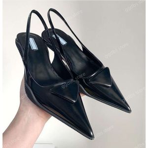 Summer Brand High Heels Sandals Classics Triangle Sign Pointed Black Matte Thin Heels 3,5 cm 7,5 cm Shiny Patent Leather Women Wedding Shoes 35-40