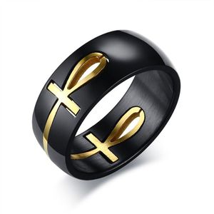 Significado Vida egípcio Ankh Two Tone Black Gold Anniversary Rings em aço inoxidável228i