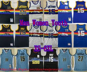 カスタムS-6XLクラシックレトロ2016-17バスケットボール15 Nikola Jokic Jersey Classic Vintage 27 Jamal Murray Jerseys Blue White Breseable Sport 15 Carmelo Anthony 2003-04