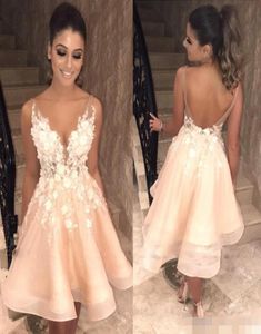 Sexy Backless Champagne Party Dresses V Sheer Neck Straps 3D Floral Applique Cocktail Eevning Dress Homecoming Formal Wear Custom 5308064