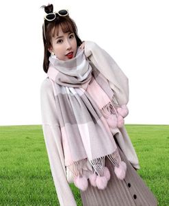 Rabbit Fur Pom Pom stal Pashmina Cashmere Shawl Plaid ullscarf för kvinnor mjuk varm kvinnlig poncho mode lady scarves y2001049846081