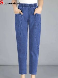 Vintage hög midja ankellängd blå jeans harem elastiska denim byxor stor storlek 4xl kvinna jogger vaqueros casual baggy spodnie 231228