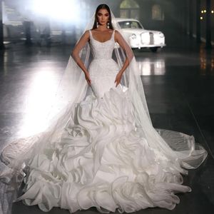 2024 Modern Mermaid Wedding Dress Straps Beading Embroidery Lace Tiered Organza Bridal Gowns Plus Size Arabic Aso Ebi Vestidos De Noiva Robe De Mariee