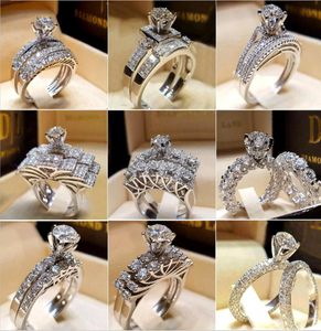 30pcslot mixed Crystal White Round Ring Set Brand Luxury Promise Silver Engagement Ring Vintage Bridal Wedding Rings for Woman8587684