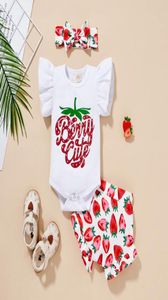 Kleidungssets 024M Säuglingsbaby Mädchen Sommer Kurzarm Erdbeerdruck Strampler Shorts Stirnbänder 3 Stück Outfits Mädchen Kleidung2916142