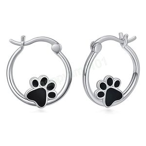 Silver Color New Fashion Cute Cat Paw Hoop Earrings for Women Creative Black Dripping Oil Party Jewelry Girls Minimalist Gift