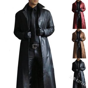 Płaszcz skórzany męski Vintage w stylu brytyjskim Windbreaker Przystojny stały kolor Slim-Fit Overcoat Long Kurtka Rozmiar S-5xl 231228