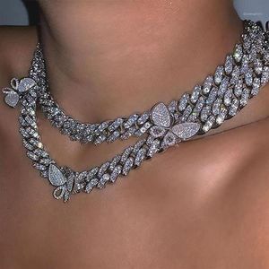 Shiny Crystal Butterfly Cuban Link Chain Necklaces Collar Punk Luxury Rhinestone Chunky Choker For Women Jewelry Gift Chains203u