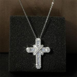 Hip Hop Vintage Modeschmuck 925 Sterling Silber Kreuz Anhänger Jesus Pave Weißer Saphir CZ Diamant Frauen Schlüsselbein Halskette Wit306m