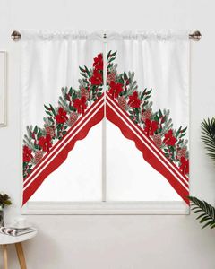 Curtain Christmas Poinsettia Pine Branches Cones Short Living Room Kitchen Door Partition Home Decor Resturant Entrance Drapes