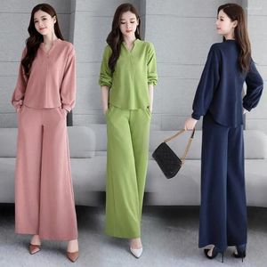 Kvinnors T -skjortor kostymer 2023 Spring Autumn Fashion Korean Style Loose Tops Wide Leg Pant Two Piece Set Women Plus Size Clothing Ladies