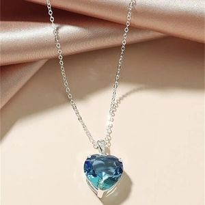Pingente colares vintage simples fresco azul em forma de coração colar de cristal para mulheres moda feminina prata cor corrente gargantilha jóias gfit