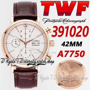 TWF 42mm MENS 시계 TW391020 CAL 79320 A7750 크로노 그래프 자동 흰색 다이얼 스틱 마커 18K 로즈 골드 케이스 가죽 스트랩 Super250D