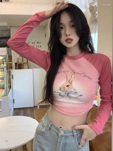 T-shirt da donna QWEEK Kawaii Pink Print Crop Donna Harajuku Sweet Cute Graphic Tops Streetwear Vintage Sexy T-shirt a maniche lunghe