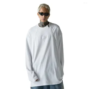 Men's T Shirts Men Ripped Hole Zipper Collar Embroidery Loose Casual Oversize Long Sleeve T-shirts Streetwear Hip Hop Shirt Man Tshirt