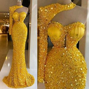 Shine Gold Aso Ebi Prom -klänningar för speciella tillfällen Mermaid One Shoulder High Neck Sequin Lace Elegant Evening Dresses Födelsedagsfestklänningar Engagemang Klänning NL165