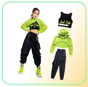 Traje de jazz hip hop meninas roupas verdes tops manga líquida preto hip hop calças para crianças desempenho moderno roupas dança bl5311 29344194