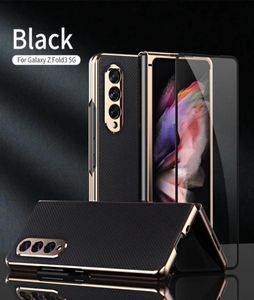 Carbon Fiber With Tempered Glass Cases For Samsung Galaxy Z Fold3 Fold 3 5G Case Protective Film Screen Protector Electroplating C6794713