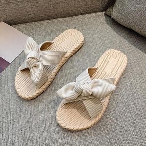 Hausschuhe 2023 Rom Bowknot Sommer Home Strand Flip-Flops Frauen Sandalen Casual Flachs Flache Gemütliche Indoor Outdoor Rutschen Schuhe