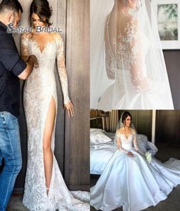 2019 Satin Sheath Bride Dress with OverSkirt Hight Split Beach Sexig långa ärmar Backless Evening Wear Formal Gown Highend Weddin9107697