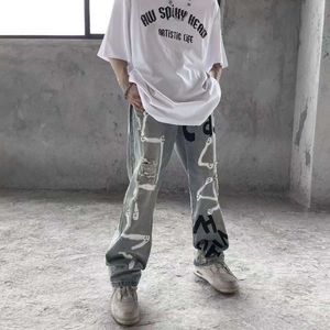 Tecknad anime sprayfärg graffiti jeans handmålade män och kvinnor höga överdimensionerade löst hiphop street mode byxor