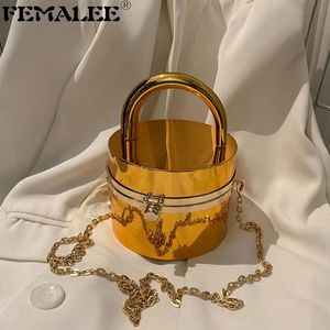 Designer Akrylbox Evening Bag Women Barrel-formad guld Luxury Top Handle Dinner Clutch Pures Ladies Handbag High Quality 231227