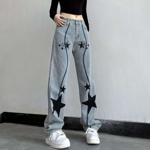 Star Print Jeans Autumn Winter Ins High-midjig Slim Trend Versatile Loose Flesht-Covering Straight Wide Leg Casual Trousers Women