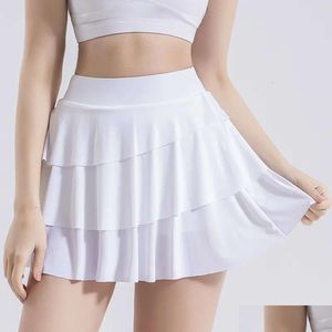 Lu Yoga Lemon Women Running Fitness Tennis Skirt Sports Shorts Loose Fake Two-Piece Fast Dry Pants Biker Alo Drop Delivery Dhsqe