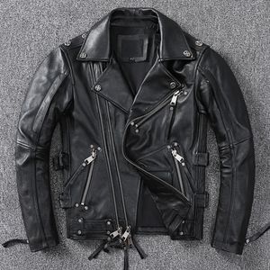 Schwarze Motorrad-Lederjacke für Herren, natürliches echtes Rindsleder, schmale Passform, Vintage-Braun, Herren-Biker-Racer-Jacken, schräger Reißverschluss, S-9XL, 231228