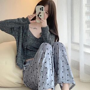 Kvinnors sömnkläder damer pyjamas set 3st Cardigan Camisole Pants Cotton Femme Spring Autumn Comfort Löst hemkläder