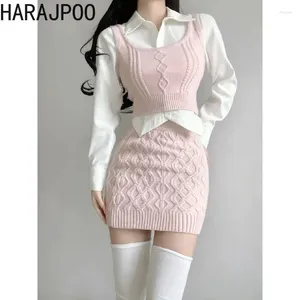 Повседневные платья Harajpoo, комплект из трех предметов, корейский Y2K, одиночный INS, многослойный свитер, жилет, хип-юбка для девочек, осенний костюм, женская одежда