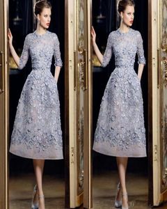 Korta aftonklänningar med 3D -blommiga applikationer Halva ärmpärlor Pearls Party Dress for Women Organza Ellie Saab Formal Prom Gow5494785