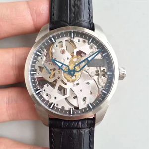 Top Quality Complication Squelette Watch Stainless Steel Skeleton Dial With Black Leather Strap Mechanical Manual Winding Wristwat2074