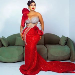 2024 ASO ebi Red Mermaid Prom Dress Sequined Lace Secondal Party Second Sectree Onvisply Condress Dresses Robe de Soiree ZJ396