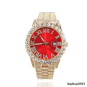 Full Diamond Iced Out Watch New Fashion Hip Hop Red Green Blue Face Large Dial Mens WristWatch Calendar Quartz Womens Watch Gift2578