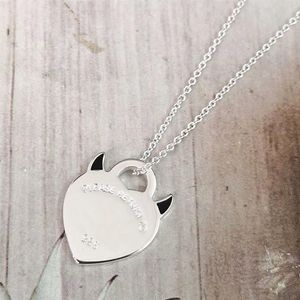 Pendant Necklaces New S925 Sterling Silver Blue Enamel Devil Heart Corner Key Necklace Ladies Simple Fashion Jewelry Couple Holida328A